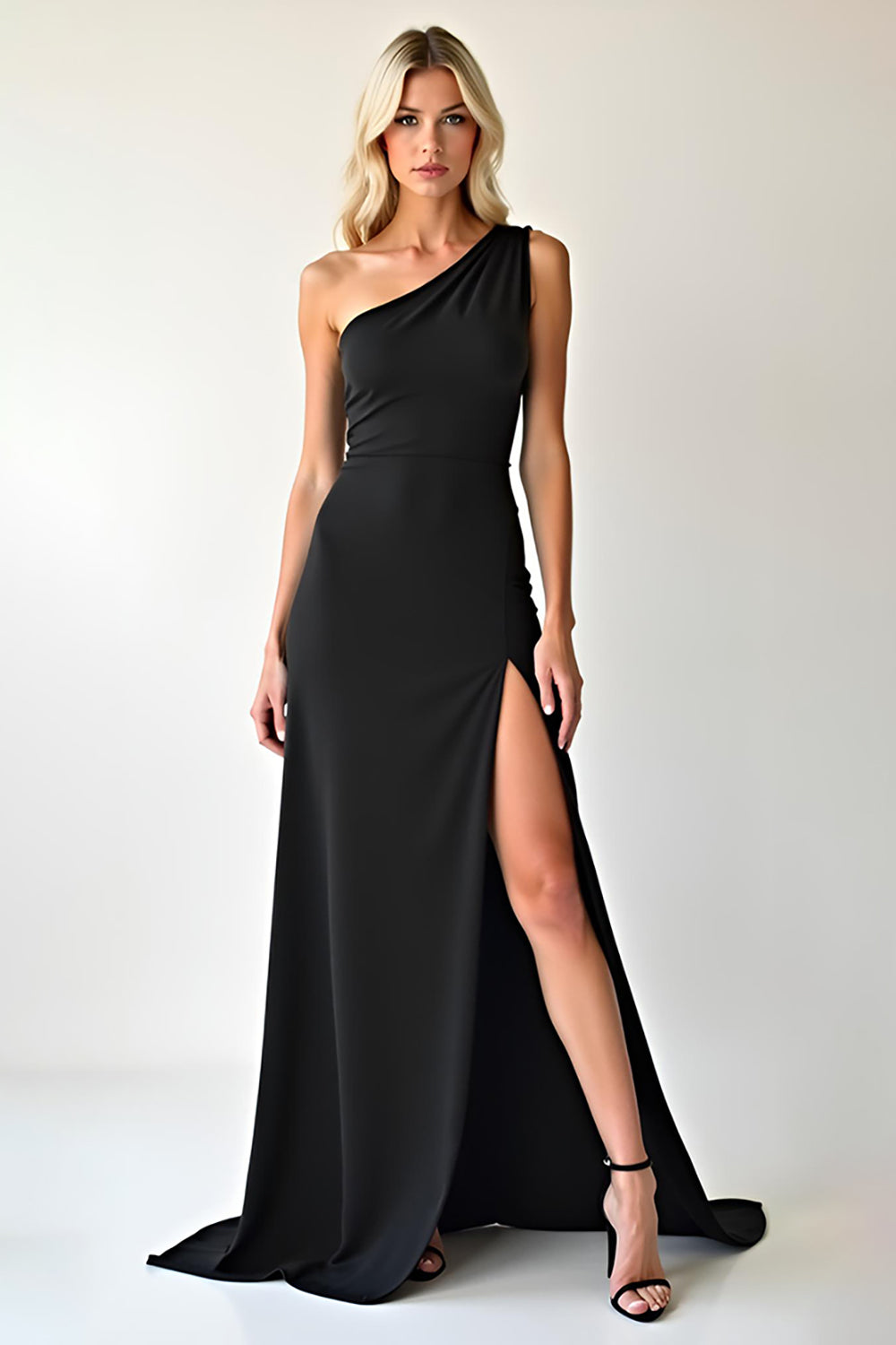 Elegant Chiffon Black One Shoulder Prom Dress with Slit - Fashionpara