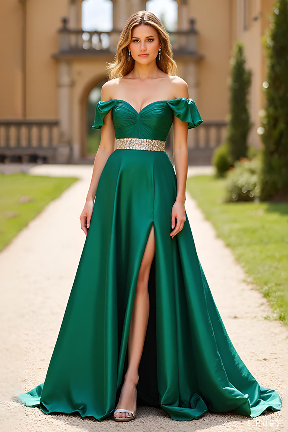 Ruched Dark Green Beaded Off The Shoulder Prom Dress with Slit - Fashionpara