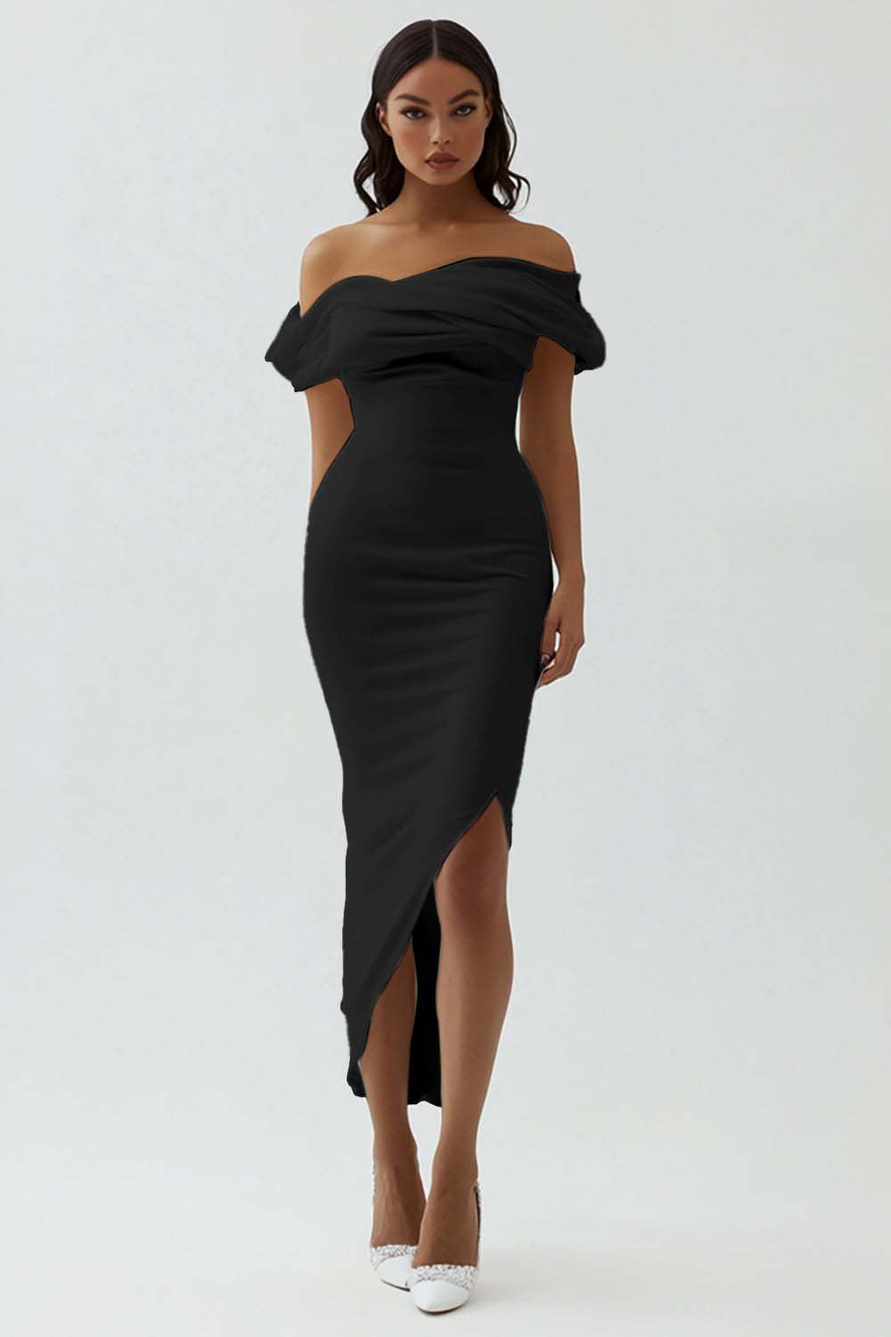 White Satin Sheath Off the Shoulder Matte Asymmetrical Graduation Dress