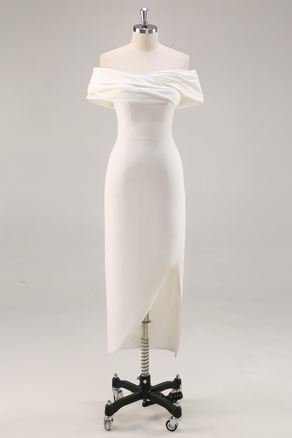 White Off the Shoulder Sheath Satin Asymmetrical Graduation Dress - Fashionpara