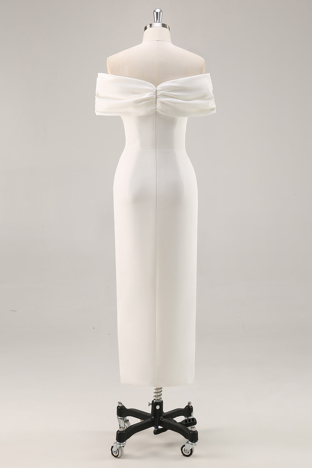 White Satin Sheath Off the Shoulder Matte Asymmetrical Graduation Dress