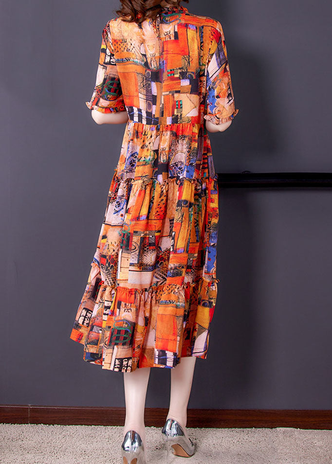 Abstract Patchwork Print Ruffle Collar Short Sleeve Midi Dress - View 5