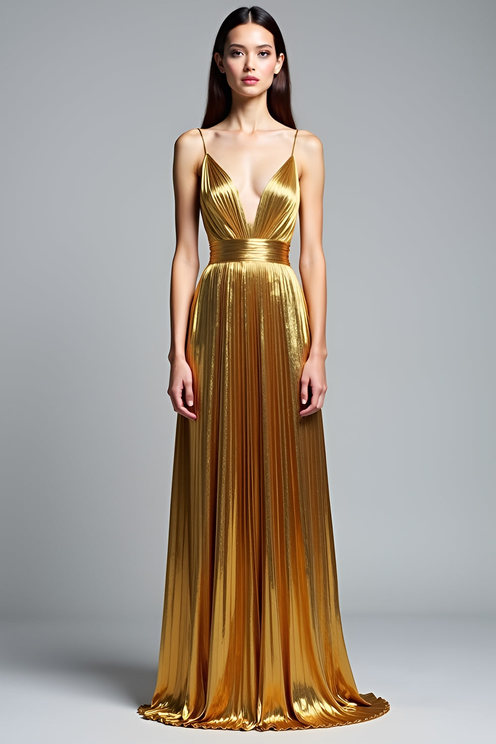 Golden A Line Deep V-Neck Backless Ruched Prom Dress - Fashionpara