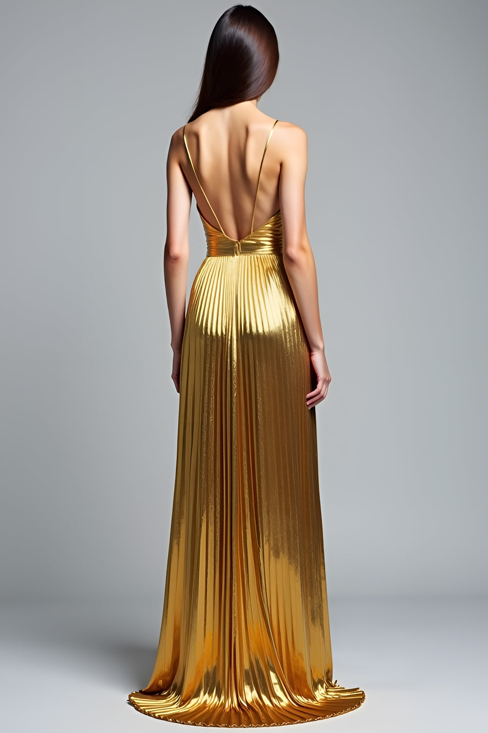 Golden A Line Deep V-Neck Backless Ruched Prom Dress - Fashionpara