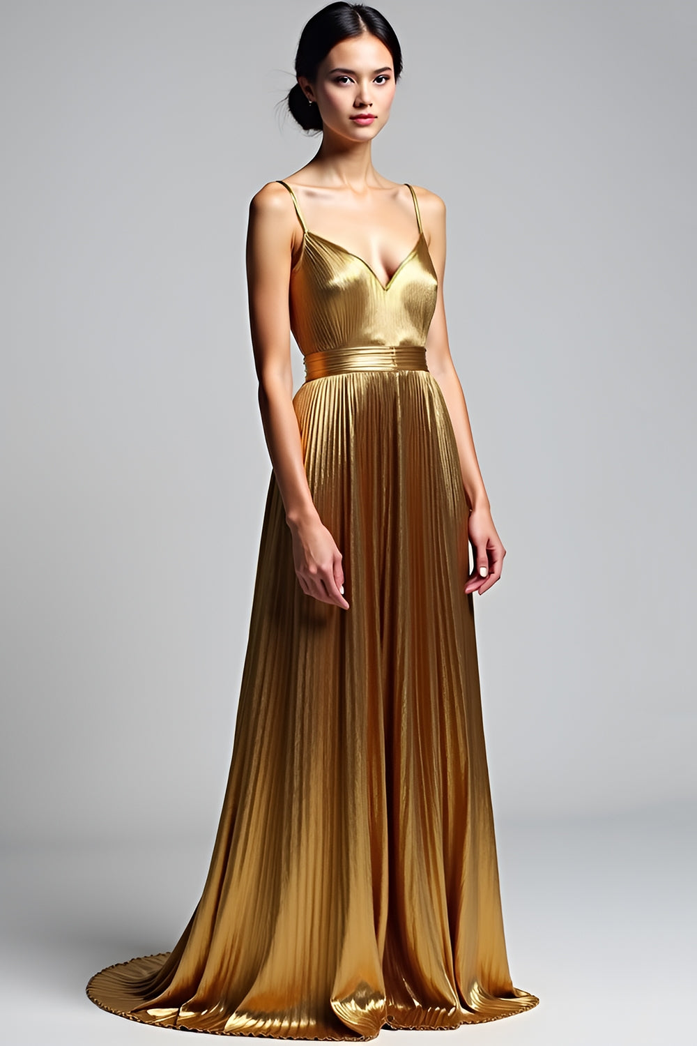 Golden A Line Spaghetti Straps Ruched Prom Dress - Fashionpara