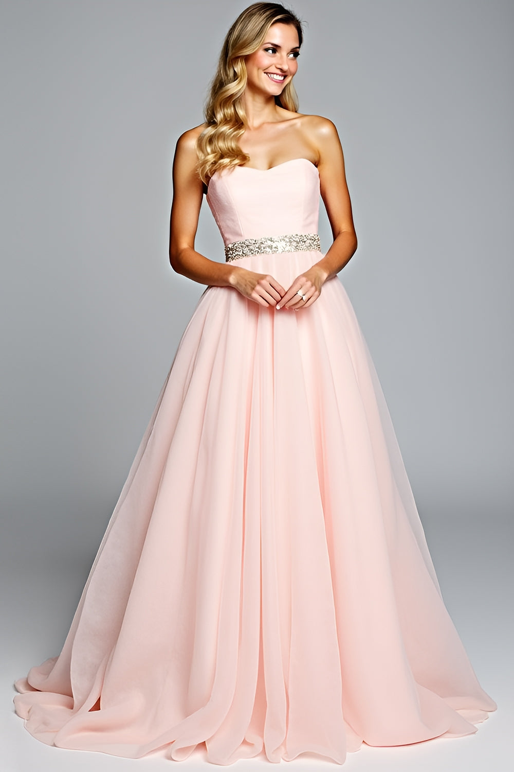 Light Pink Strapless A Line Tulle Prom Dress with Beading - Fashionpara