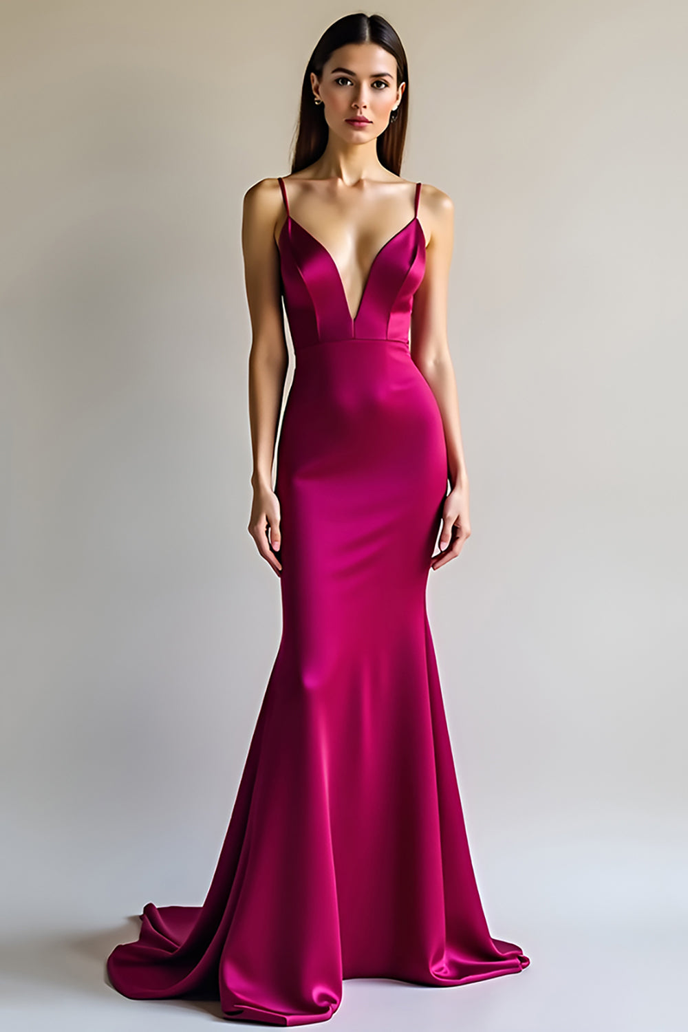 Fuchsia Mermaid Spaghetti Straps Long Satin Prom Dress - Fashionpara