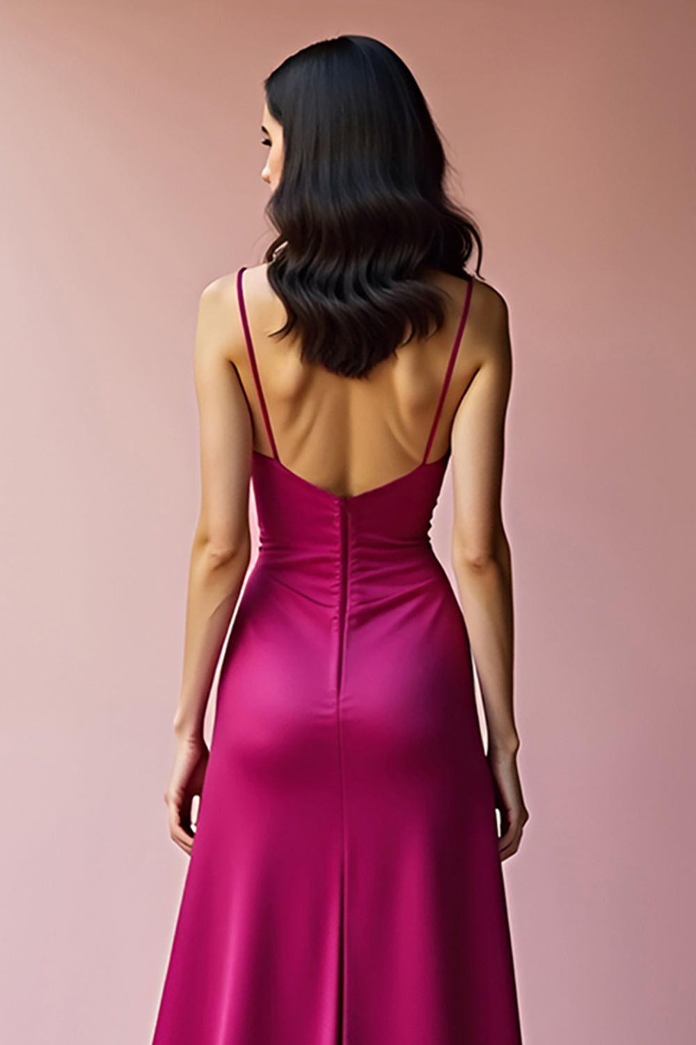Fuchsia Backless Spaghetti Straps A Line Long Prom Dress with Slit - Fashionpara