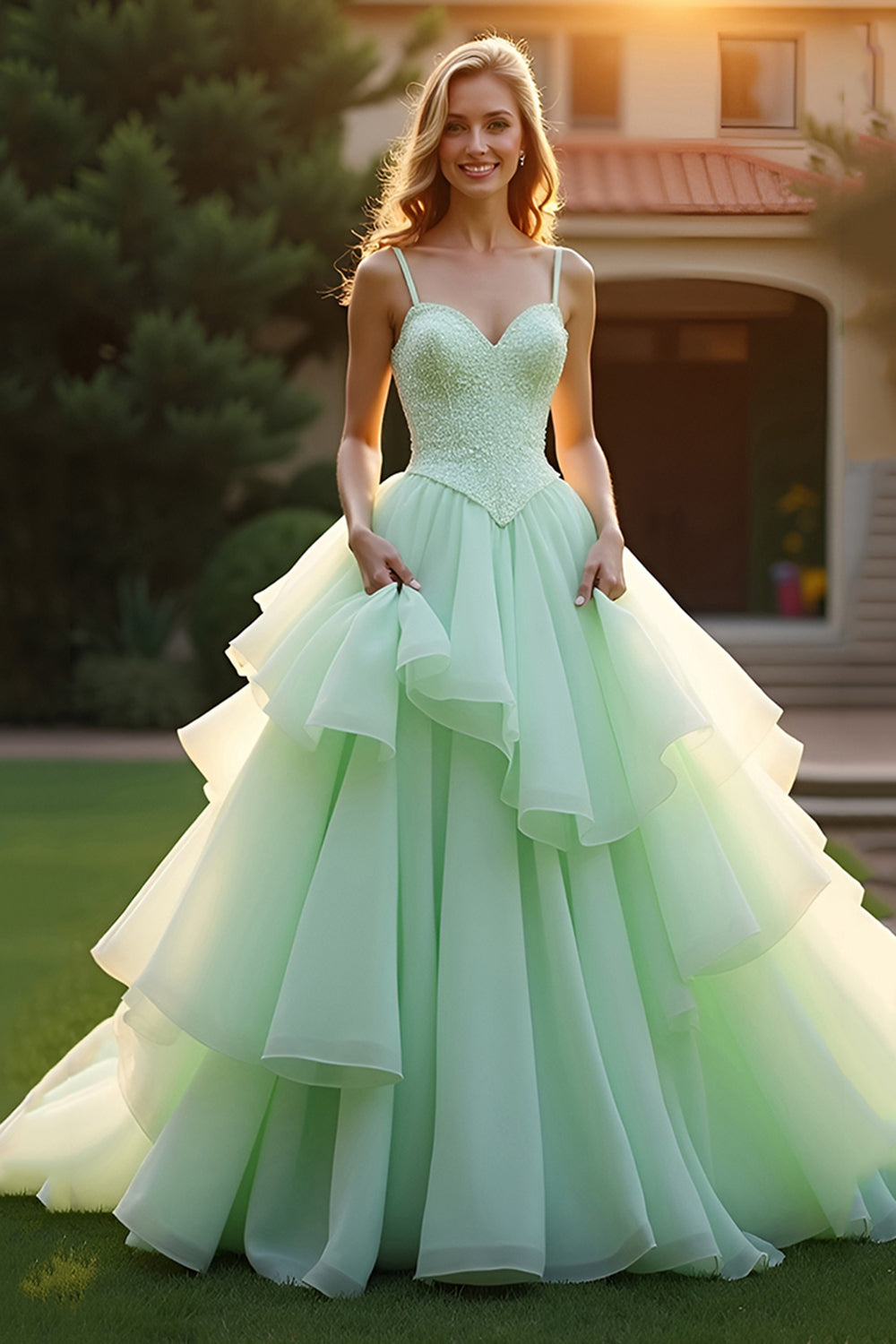 Green Princess Tiered Beaded Long Prom Dress - Fashionpara