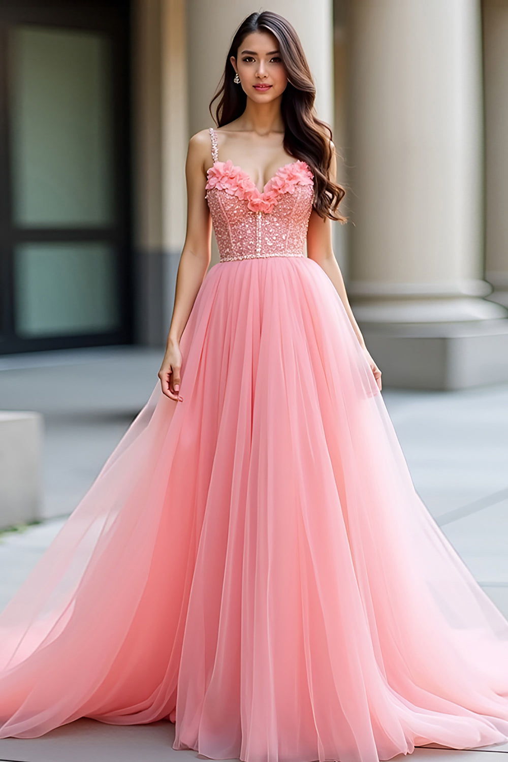 Pink A Line Spaghetti Straps Corset Sequin Prom Dress - Fashionpara