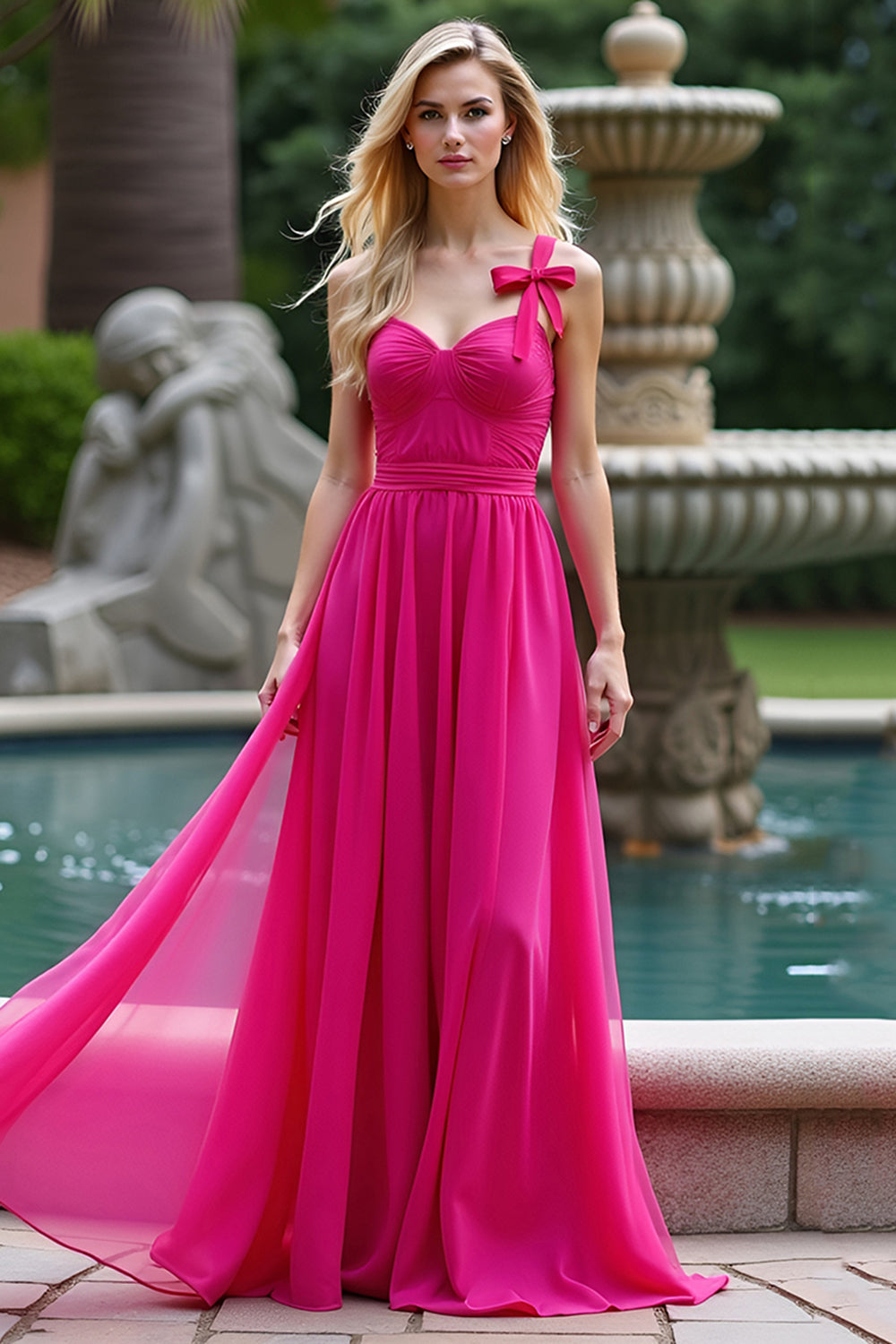 A Line Fuchsia Straps Ruched Long Tulle Prom Dress - Fashionpara
