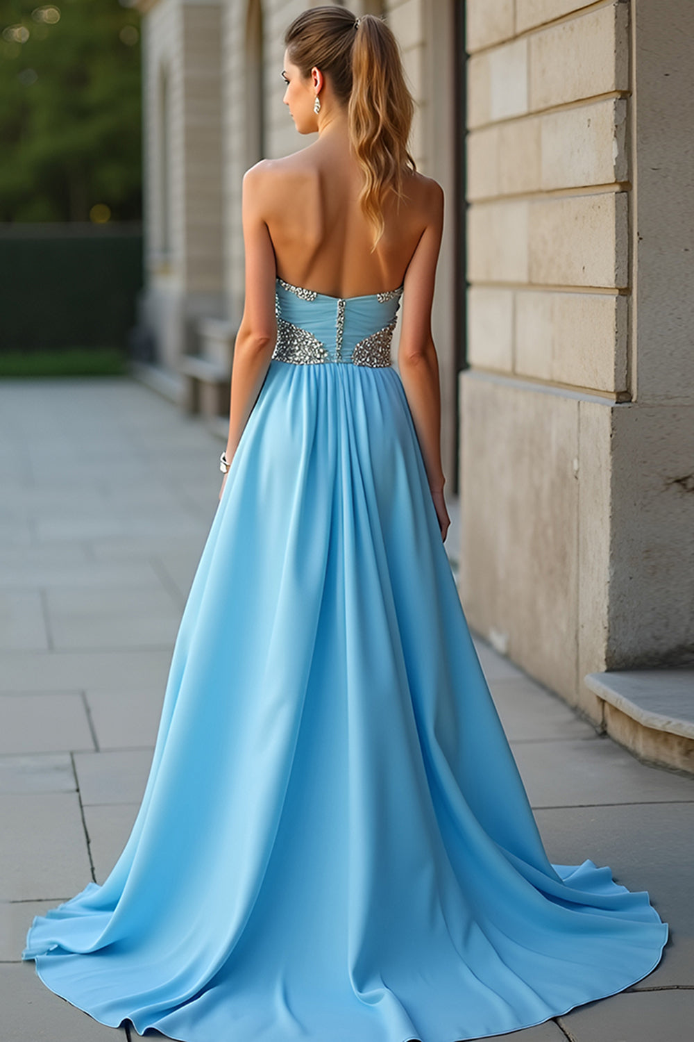 Sparkly Blue A Line Sweetheart Beaded Long Prom Dress With Slit - Fashionpara
