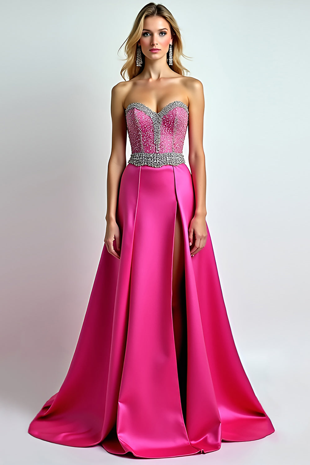Sparkly Fuchsia A Line Sequin Sweetheart Long Prom Dress With Slit - Fashionpara