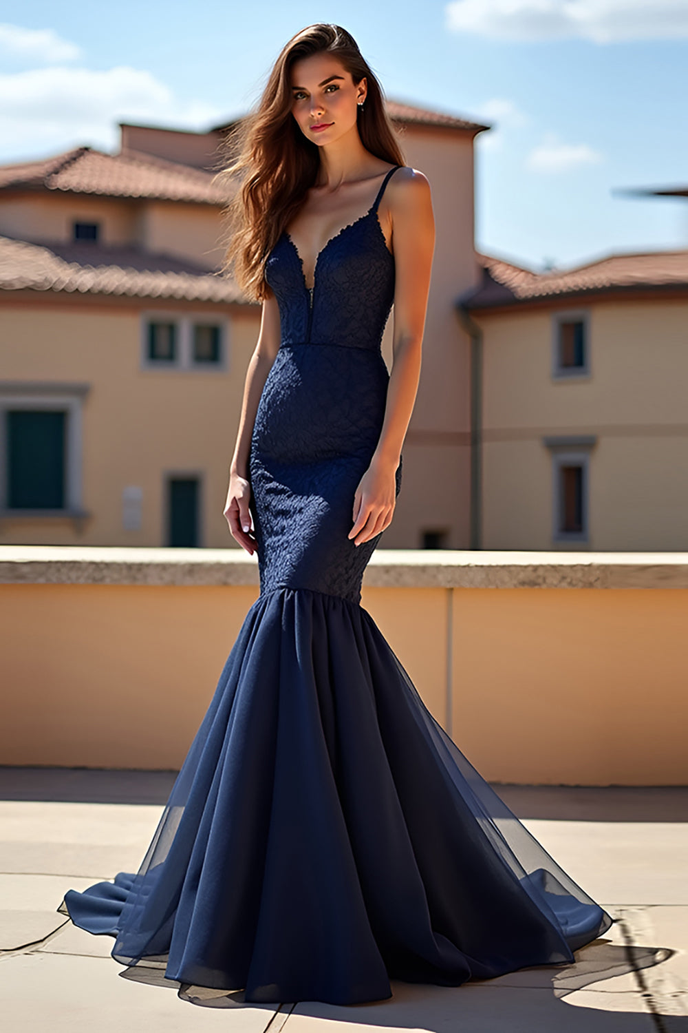 Mermaid Navy Spaghetti Straps Long Lace Prom Dress - Fashionpara