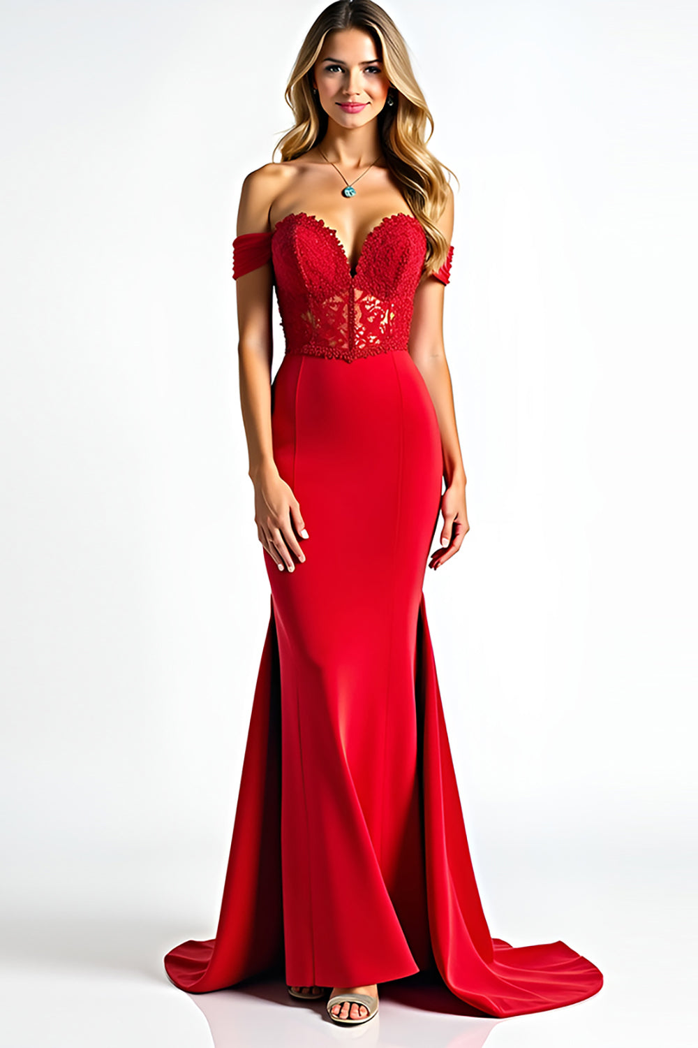 Red Mermaid Off The Shoulder Corset Long Prom Dress With Lace - Fashionpara