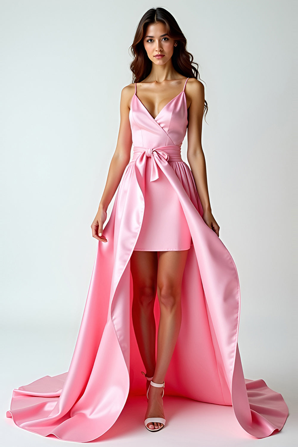 A Line Pink Spaghetti Straps Long Prom Dress With Train - Fashionpara
