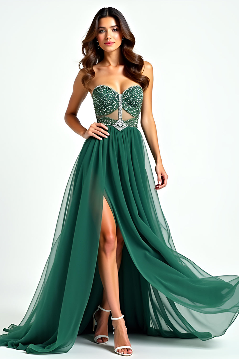 Sparkly Dark Green A Line Sequin Sweetheart Long Prom Dress With Slit - Fashionpara