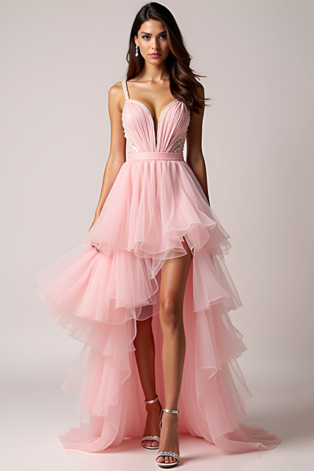 Blush Pink A-Line Spaghetti Straps Ruffles Pleated Tulle High-Low Prom Dress - Fashionpara