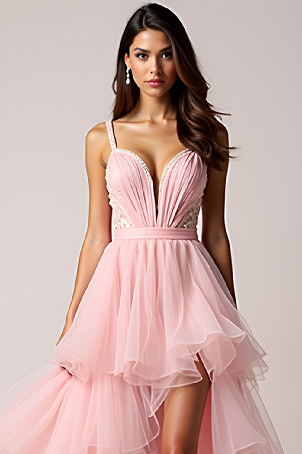 Blush Pink A-Line Spaghetti Straps Ruffles Pleated Tulle High-Low Prom Dress - Fashionpara