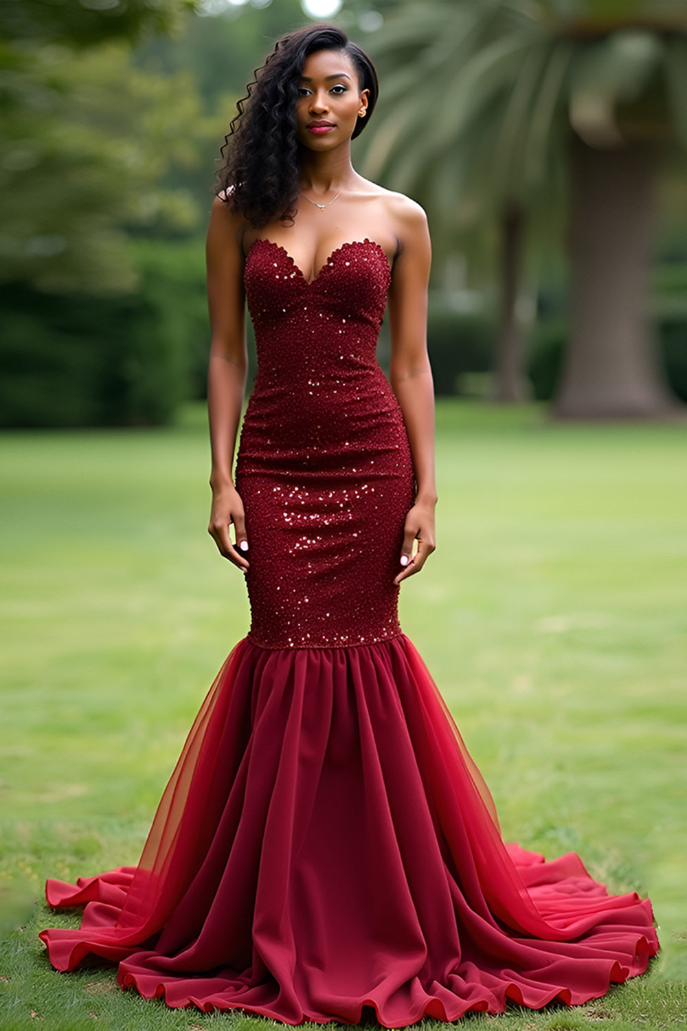 Sparkly Burgundy Mermaid Sweetheart Long Prom Dress with Sequins - Fashionpara