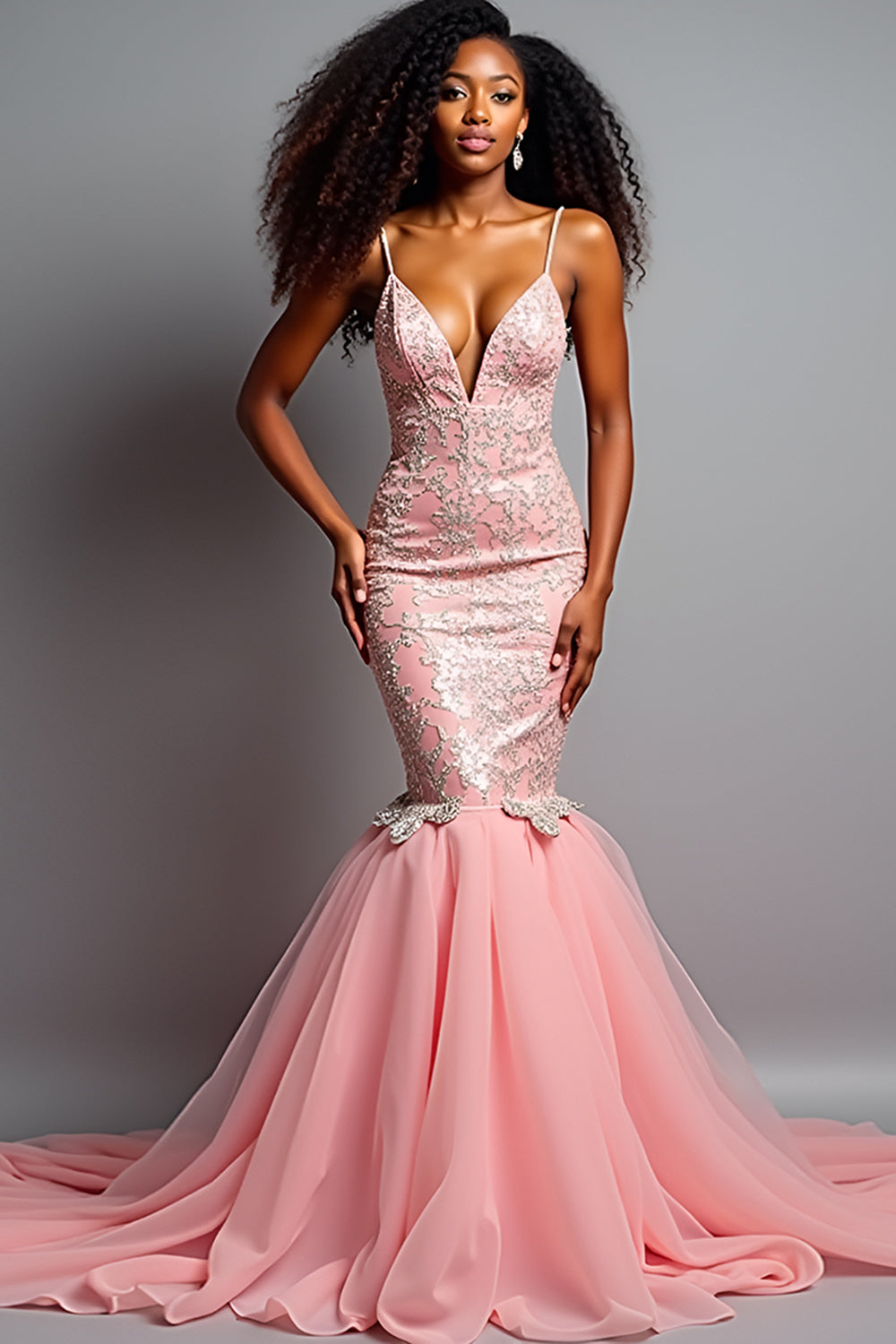 Blush Pink Mermaid Spaghetti Straps Tulle Long Prom Dress with Appliques - Fashionpara