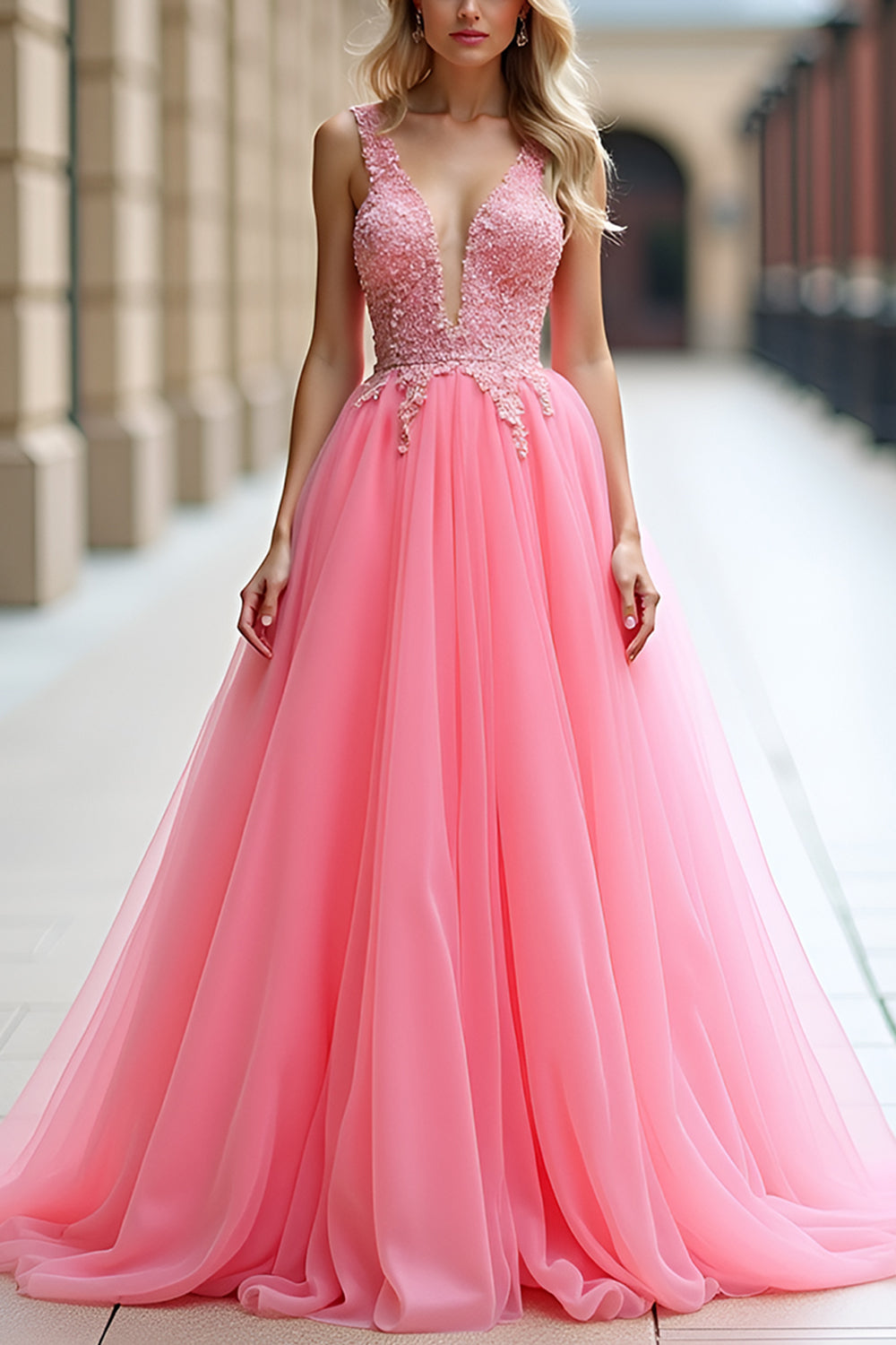 Pink Deep V Neck Tulle Prom Dress with Appliques - Fashionpara