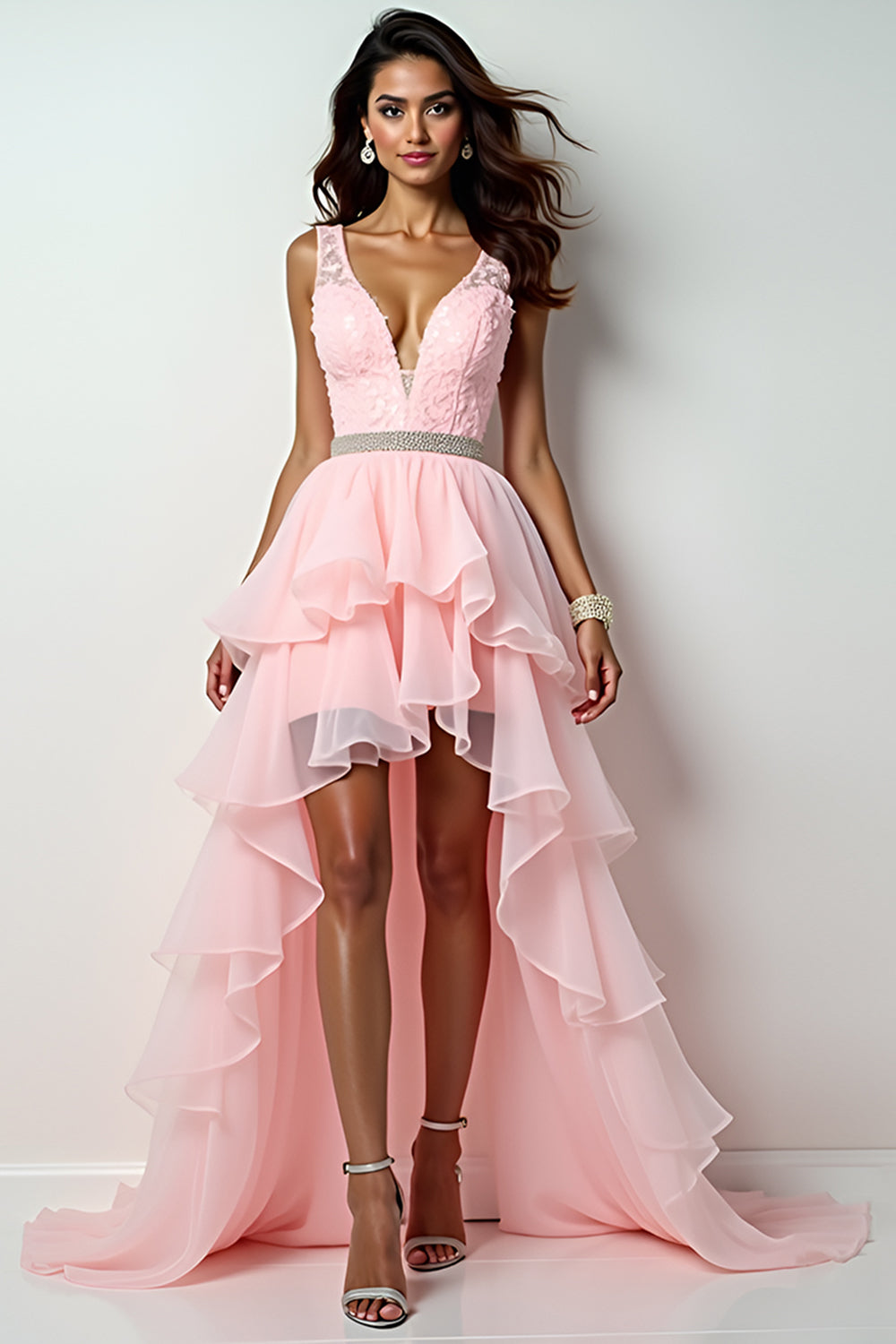 Blush Pink A-Line Deep V Neck Ruffles Hi-Low Prom Dress - Fashionpara