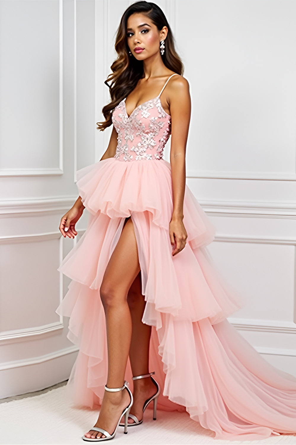 Blush Pink A-Line Spaghetti Straps Ruffled Tulle Long Prom Dress with Appliques - Fashionpara