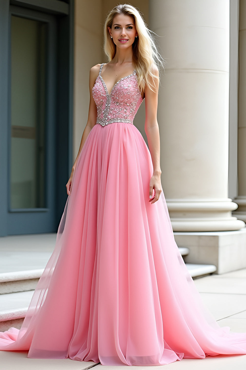 Pink A-Line Spaghetti Straps Tulle Long Prom Dress with Beading - Fashionpara