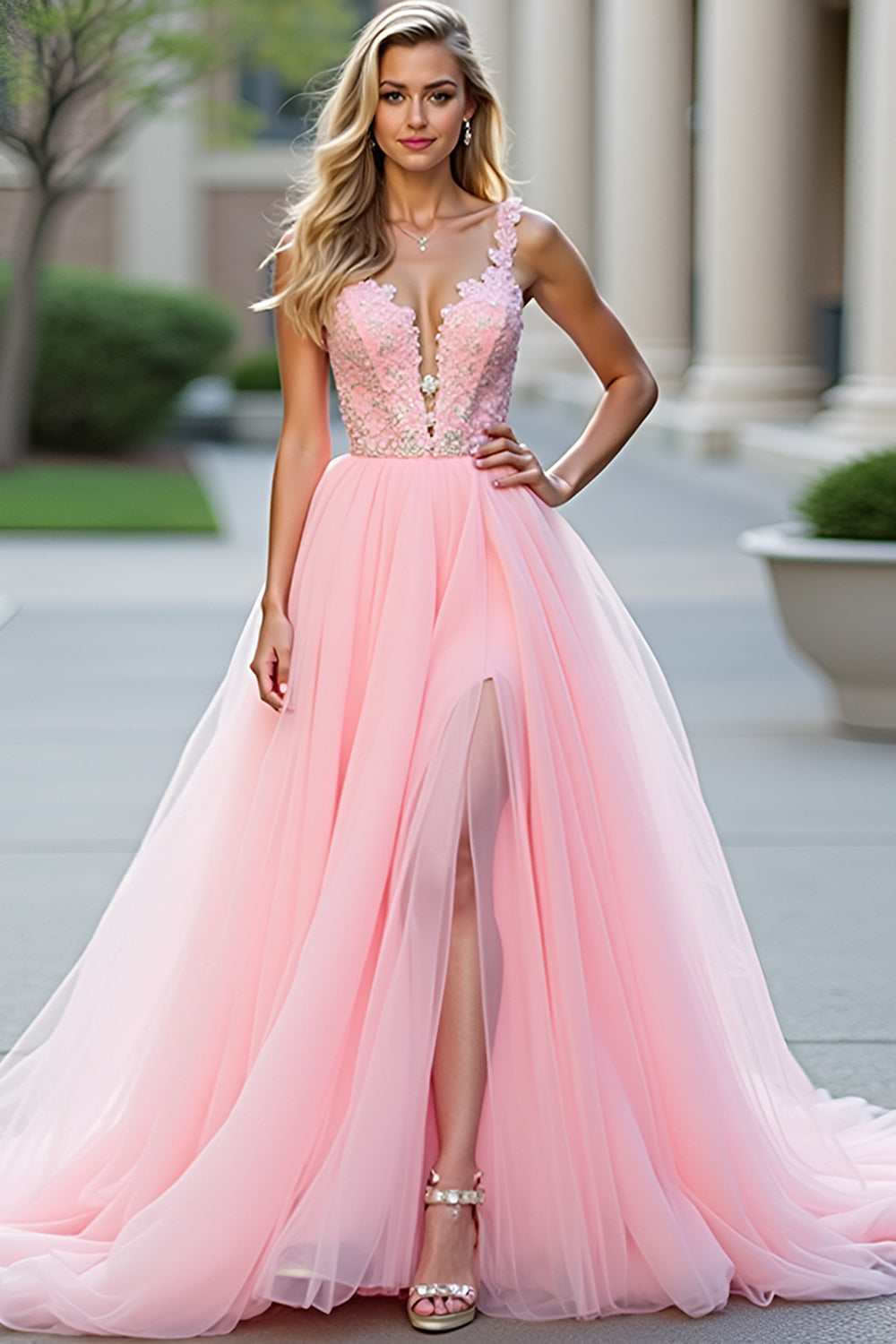 Glitter Blush Pink A-Line Deep V Tulle Appliques Long Prom Dress with Slit - Fashionpara