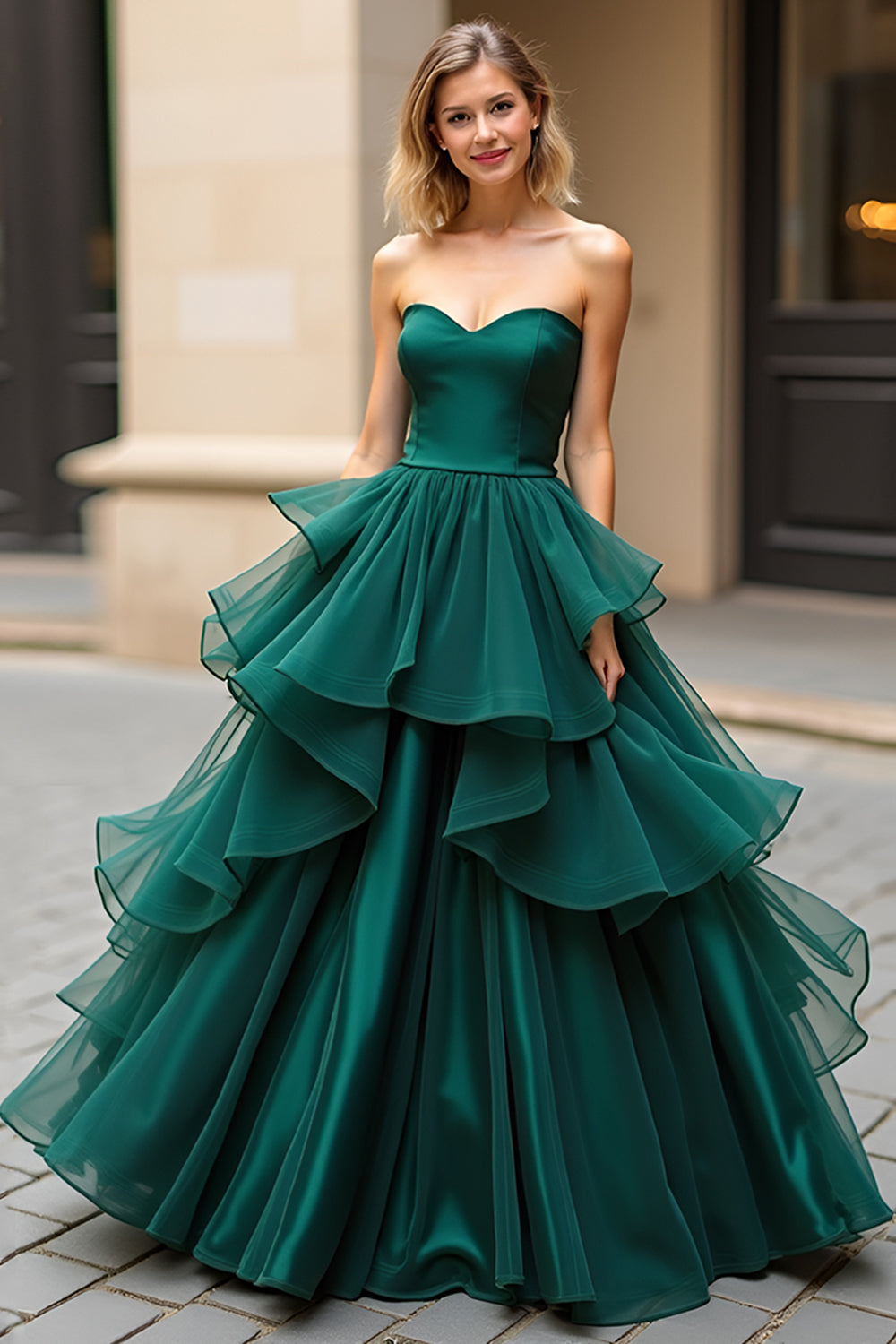 Dark Green A-Line Strapless Ruffled Tulle Prom Dress - Fashionpara