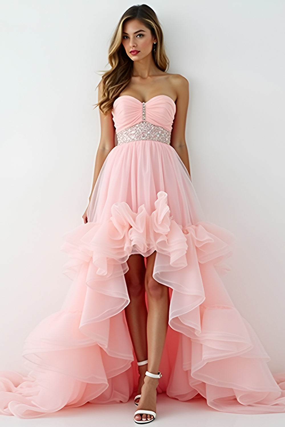 Glitter Blush Pink A-Line Strapless Ruffles High-Low Ruched Prom Dress with Beading - Fashionpara