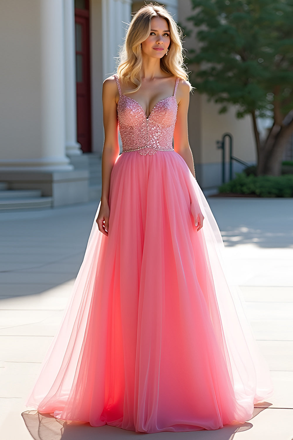 Blush Pink A-Line Sequin Tulle Prom Dress - Fashionpara