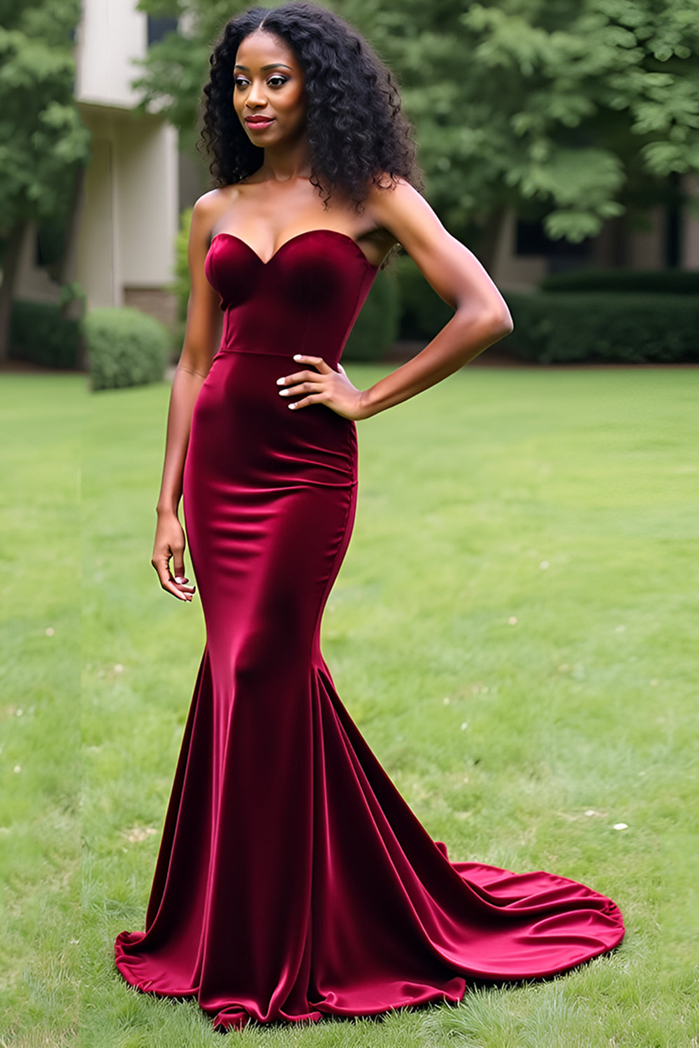 Simple Burgundy Mermaid Strapless Long Prom Dress - Fashionpara