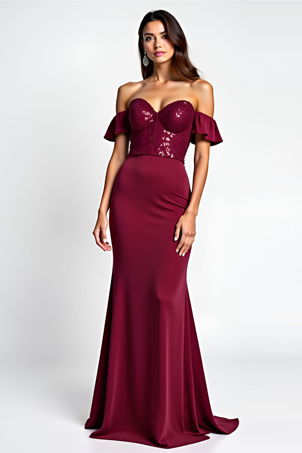 Burgundy Glitter Mermaid Off the Shoulder Long Prom Dress with Sequins - Fashionpara