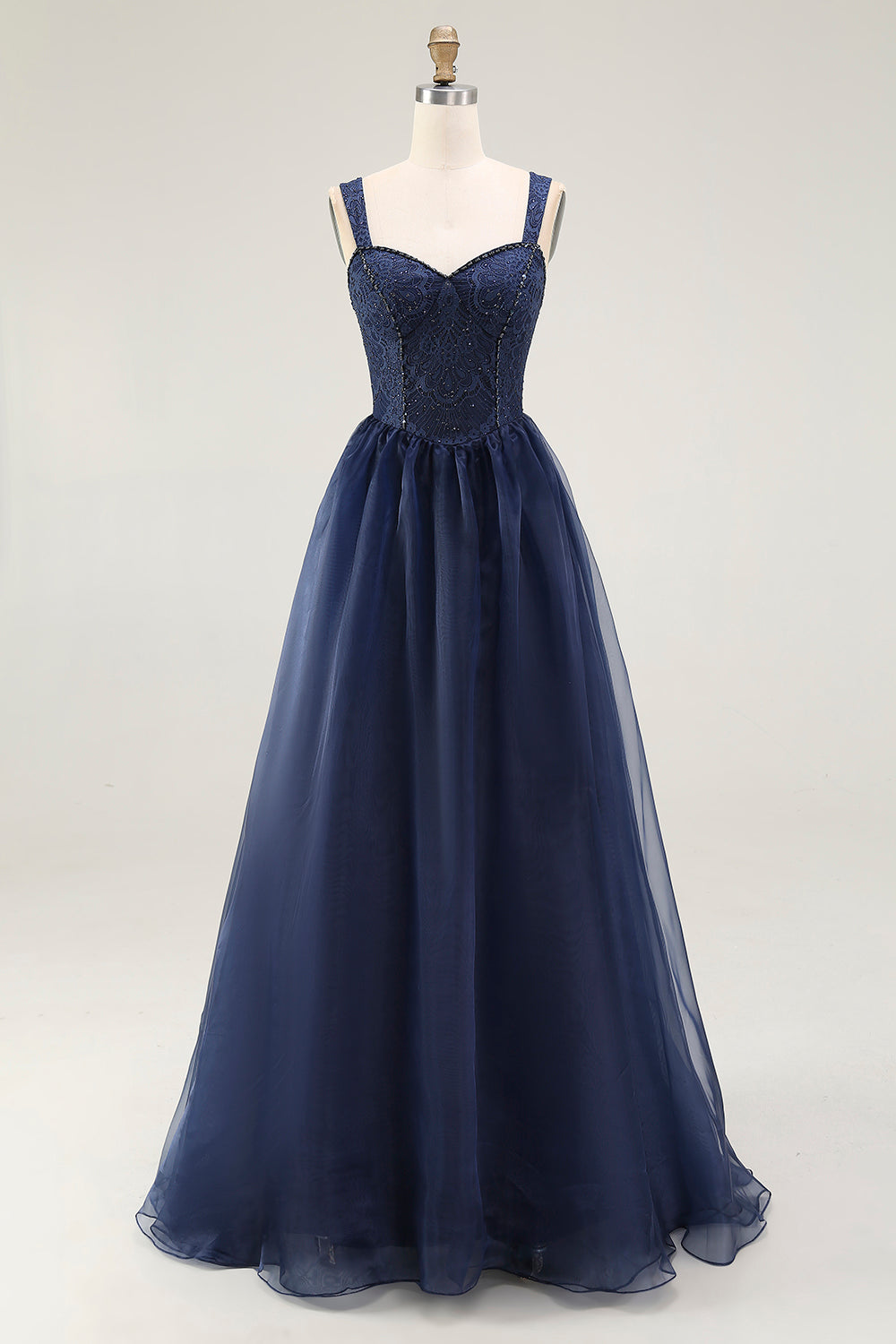 Navy A Line Spaghetti Straps Lace Long Prom Dress with Beading