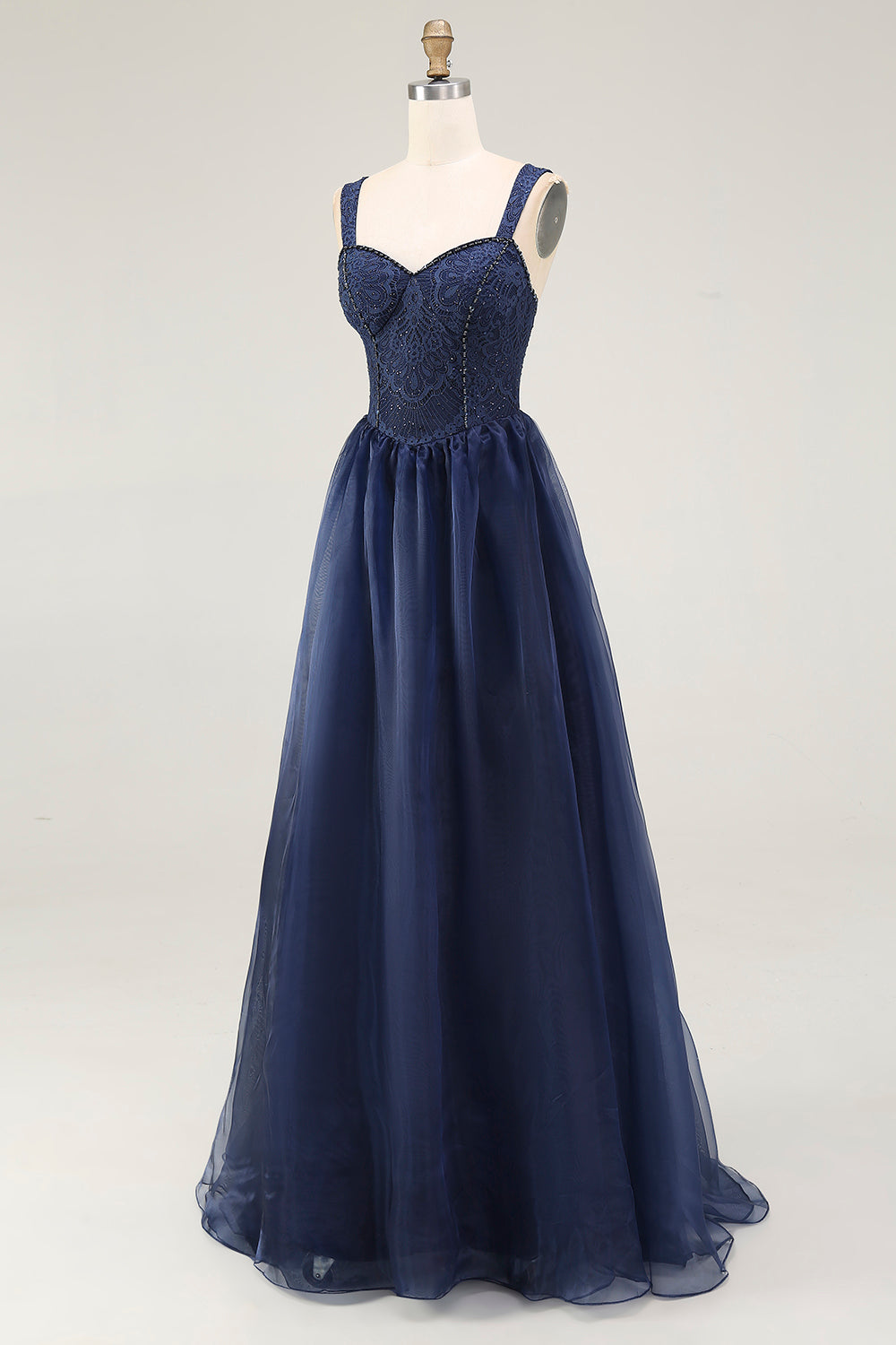 Navy A Line Spaghetti Straps Lace Long Prom Dress with Beading