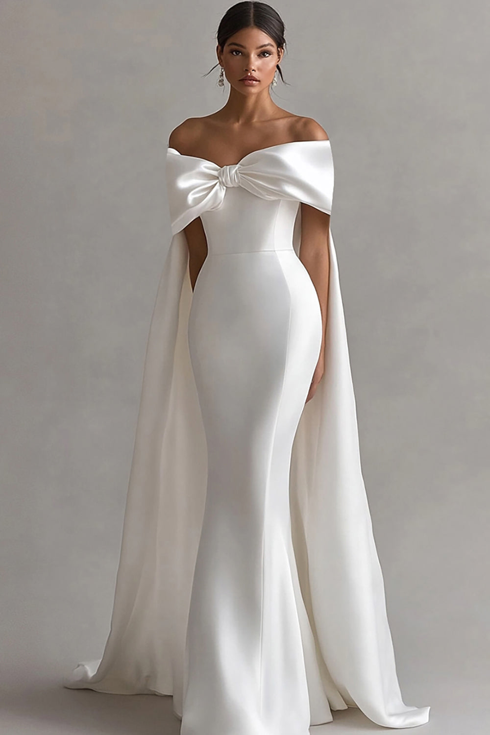 Ivory Off the Shoulder Bow Mermaid Floor-Length Wedding Dress with Cape