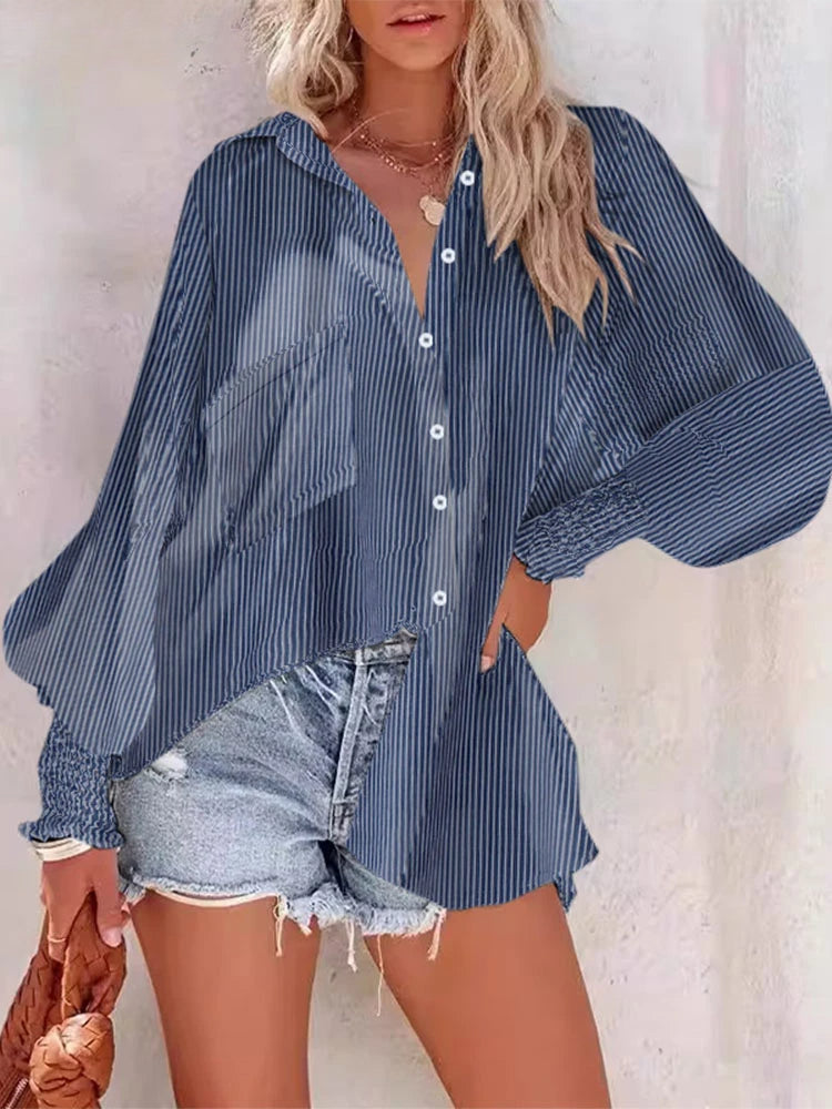 Pleated Lapel Neck Lantern Sleeve Blouse