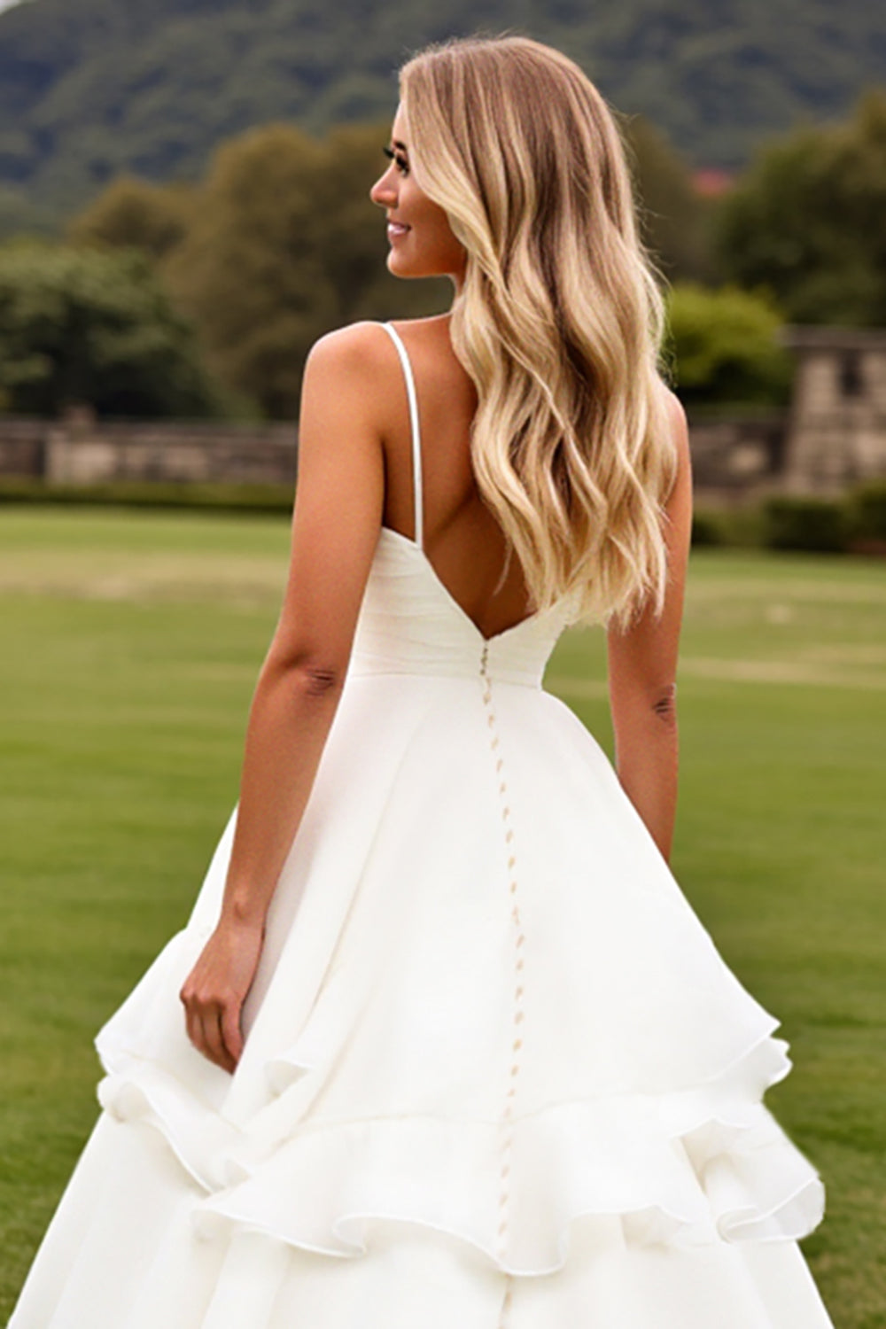 Ruffled A Line Ivory Sleeveless Long Wedding Dress
