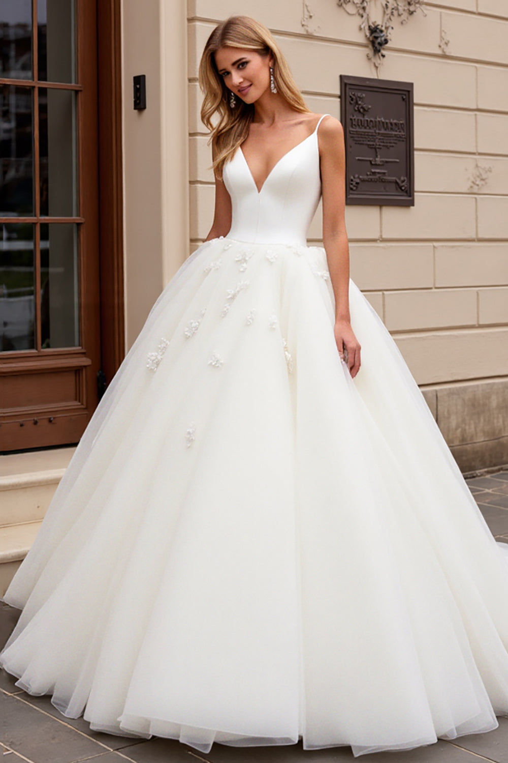 Ivory A-Line Spaghetti Straps Tulle Bridal Dress - Fashionpara