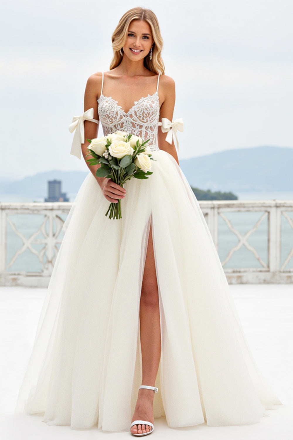 White A-Line Spaghetti Straps Bows Laced Tulle Long Bridal Dress With Slit
