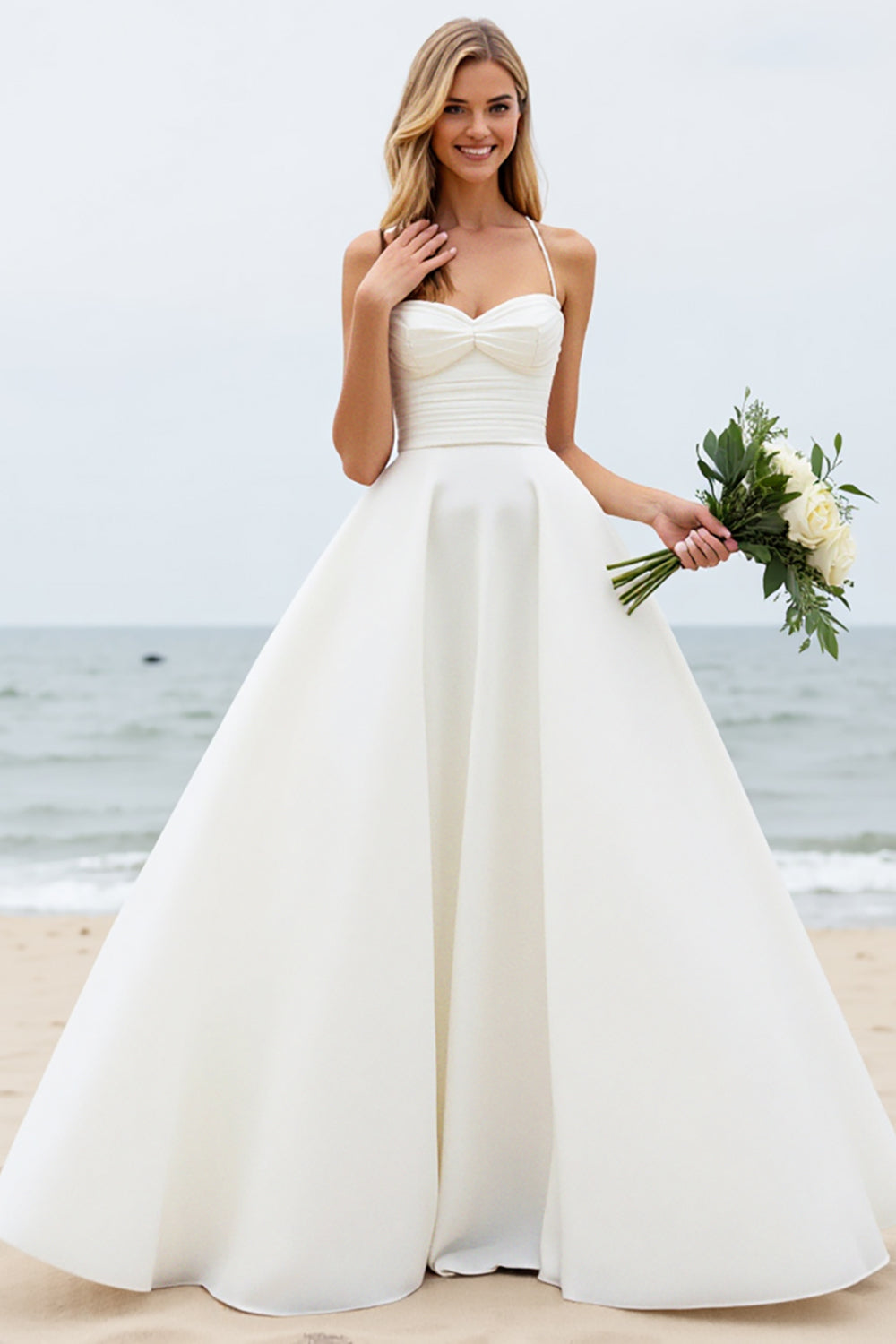 White A-Line Spaghetti Straps Ruched Satin Long Bridal Dress