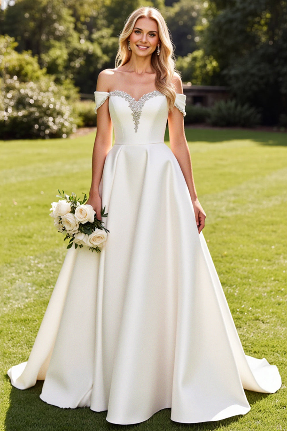 White A-Line Rhinestones Off The Shoulder Satin Long Bridal Dress