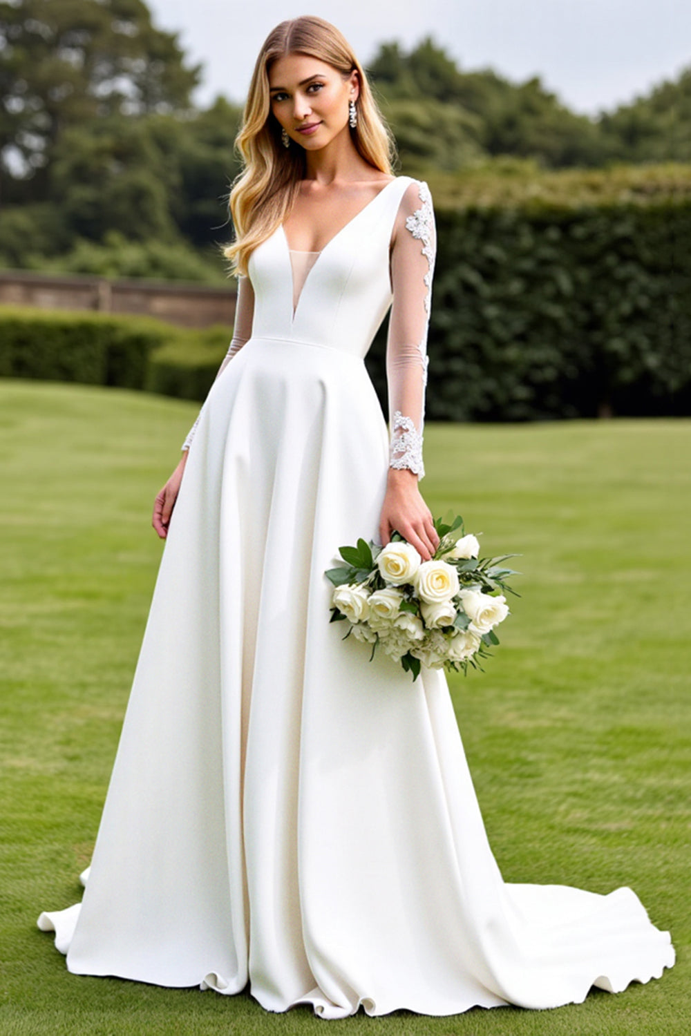 White A-Line Deep V Neck Satin Long Sleeves Bridal Dress With Lace
