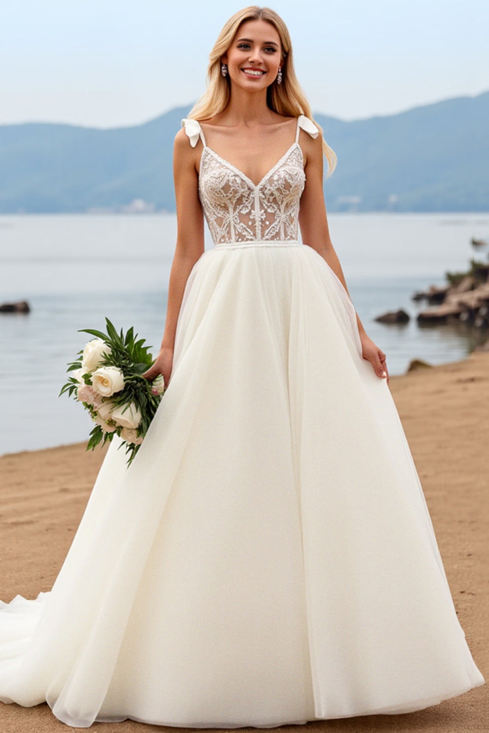 White Spaghetti Straps A-Line Laced Tulle Long Bridal Dress