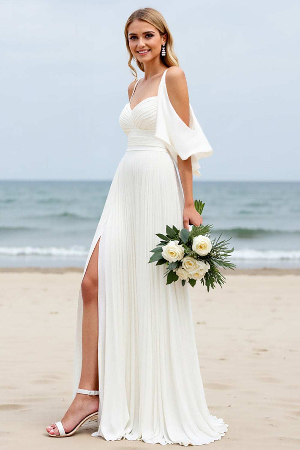 White A-Line Cold Shoulder Long Bridal Dress With Slit