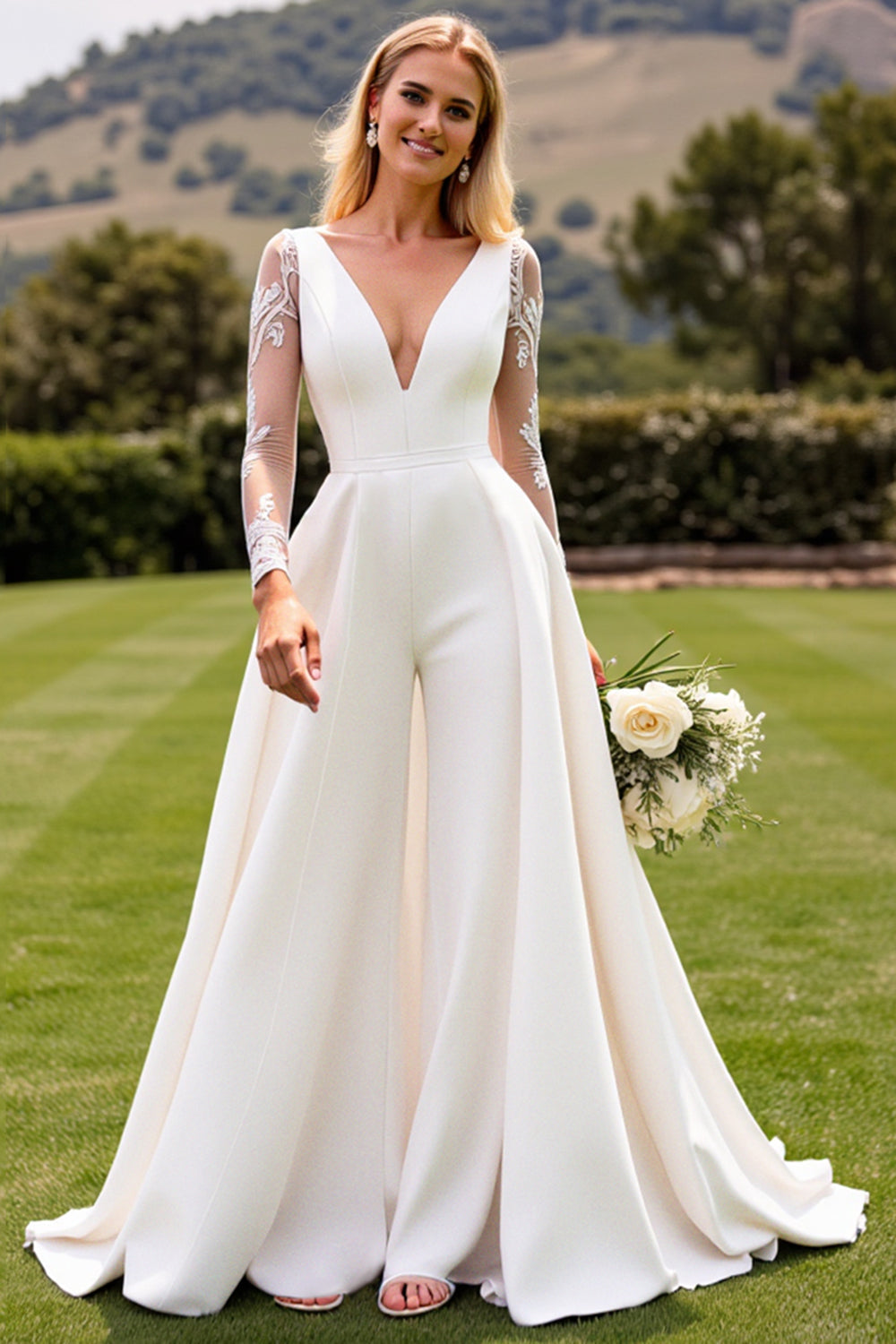 White Bodycon Deep V Neck Long Sleeves Satin Bridal Jumpsuit