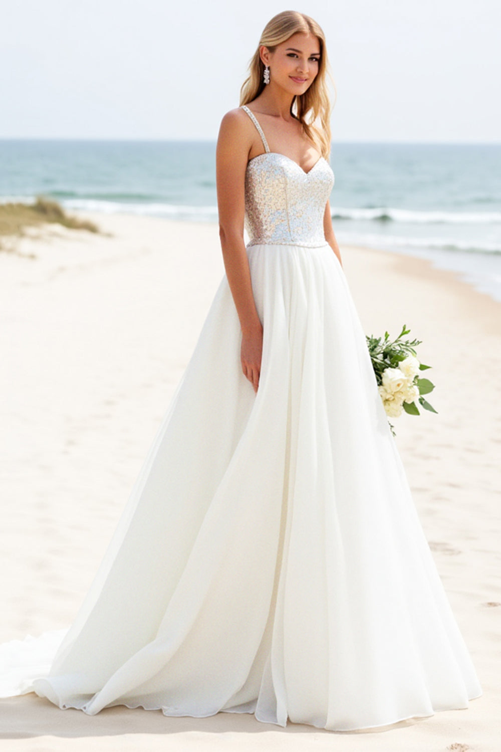 White A-Line Spaghetti Straps Long Bridal Dress With Sequins