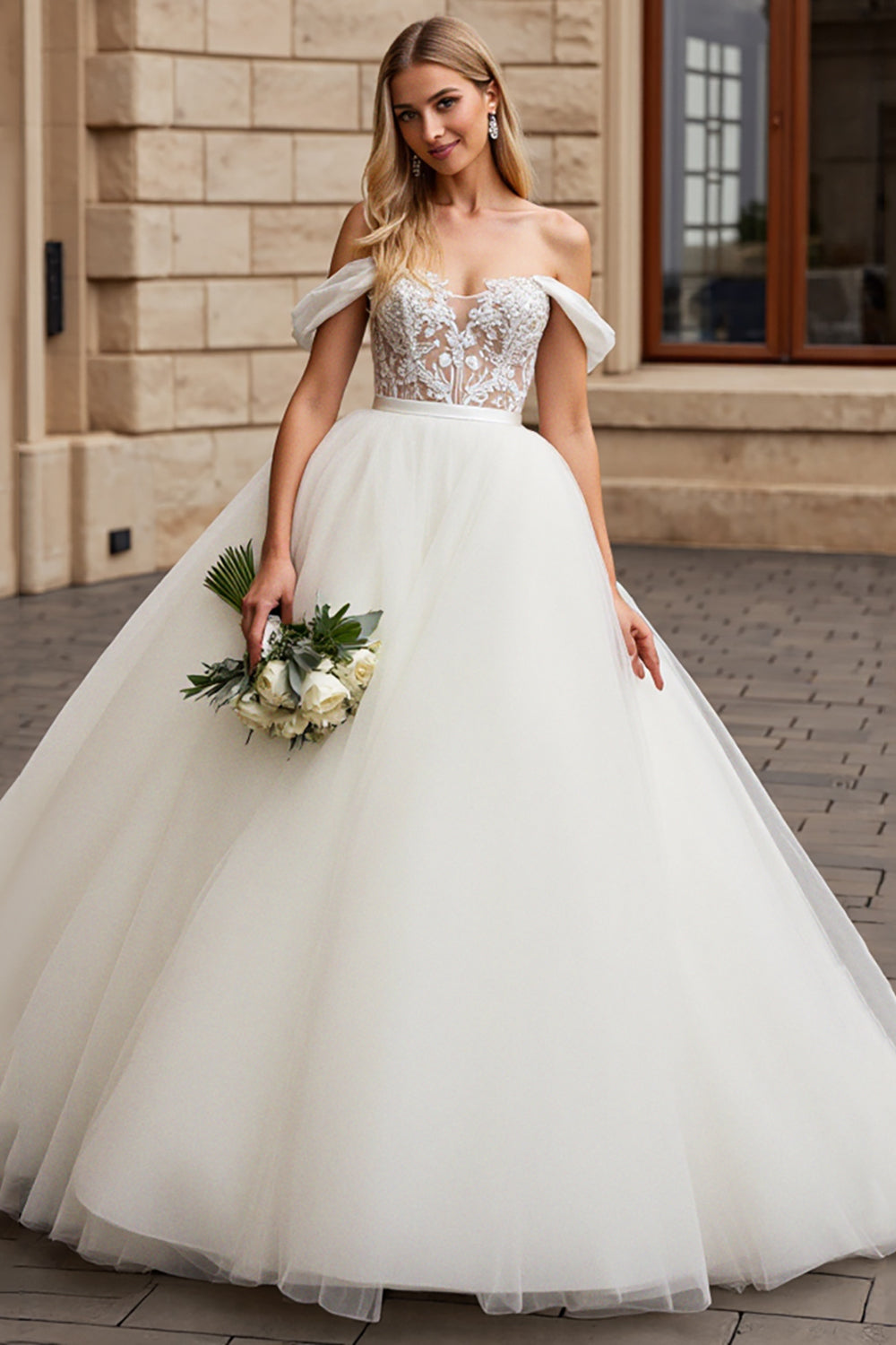 White Off The Shoulder A-Line Tulle Long Bridal Dress With Appliques
